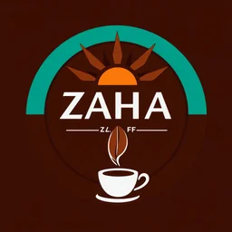 A circular logo with the name (ZAHA) designed for a cafe with the sun symbol and turquoise and indigo color and a coffee bean and a coffee cup at the bottom of the logo.