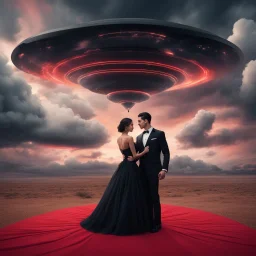 Hyper Realistic photographic-view Handsome-Muscular-Man In Black-tuxedo & beautiful-woman-with-whirling-black-hair-&-black-gown & both-getting-romantic in the middle of nowhere with wedding-setup & UFOs on cloudy-red-sky giving it a dramatic & cinematic ambiance