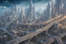 detailed alien cityscape, buildings with balconies, tracks, roads, paths, river, blue sky, white clouds