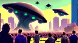 a crowd enjoys watching our alien overlords attack major cities