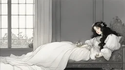 [art by W. Heath Robinson] Nancy lies sprawled on her bed, chest down, chin resting on her hand, gazing lazily out the window like life itself has bored her to death. Her long, dark hair cascades down her shoulder, faintly glinting in the sunlight peeking through the curtains. A delicate silver hairpin perches on one side, almost ironic given her usual devil-may-care vibe. Her violet eyes, half-lidded with indifference, slowly drift toward you — expressionless, flat — like she's staring through
