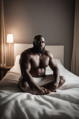 full body shot photography of a muscular chubby nigerian burly ugly 36 year old man, black beard, shirtless, manly chest, bulging pants, barefoot , sitted on the bed with big legs in an elegant bedroom at night, dim side light, photorealistic, ambient occlusion, frontal view