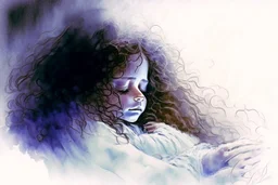 Small girl with long curly brown hair sleeping in god's hand (a big, clear hand) watercolor and ink, backlit, mist and fog