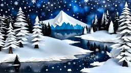 Papier Mache, paper craft, a magical winter landscape with a lakeshore