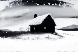 snowy land with a lone pale weather-beaten cottage, (heavy snowing:2), acrylic paint, minimal art, low colors of steel gray, snow white and black, sparse pale cobalt tint leak, wild brush strokes, hard winter, storm dynamics, great wind diagonals, gloomy mountain skyline