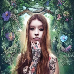 "perfect long-haired woman, full face tattoo of flower art and trees extending past face and morphing into reality, 8k resolution, high-quality, fine-detail, intricate, digital art, volumetric lighting