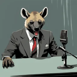 Hyena in a suit and tie, as an announcer sitting at the transmission table with a microphone presenting a newscast. Banksy cómic style. Ultra quality