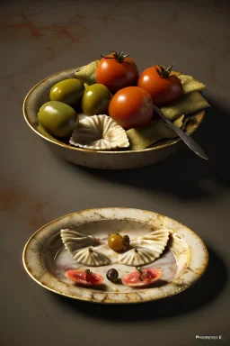 Ravioli by renaissance style still life oil painting, dish, natural tomato, albahaca, olives, olive oil, moisture, art, natural, ornaments, marble, gold, high kitchen, smooth, gradient color background, unreal engine 5, ray tracing, RTX, lumen lighting, ultra detail, volumetric lighting, 3d.