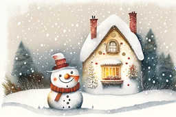 Christmas illustration, whimsical, detailed, warm colors, grainy texture, subject: snowman in a snowy garden, house with lights, white background