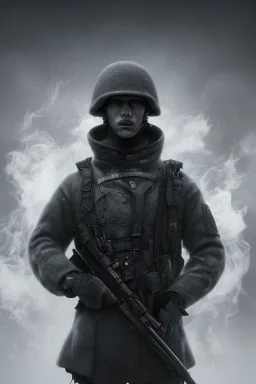 All black German soldier, head made out of white smoke, dark, rage, sorrow, high definition, ultra 8 k, volumetric lighting, blue fire, fog