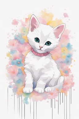 A playful kitten, adorned in a dainty floral dress, surrounded by a sea of pastel colors on a blank white canvas, with bold black lines and precise outlines.