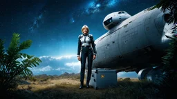 A full-body photorealistic image of an adventurous older woman from the future, dressed in a tailored, full-body spacesuit, stands proudly beside her huge cargo spaceship, no wings, standing on a metal box. Her untidy, blond hair has bangs, standing in a jungle clearing. The scene is framed by a cosmic expanse of stars and nebulas.