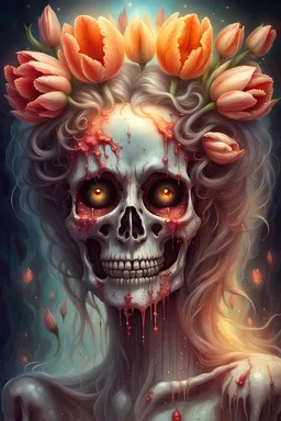 face with bone skull shining through the jelly-like skin, real emotion,face beautiful fairy queen with grim looks back at me and pulls his hand towards me,realistic,high detail,face gash,The Order of the Gash,demons to some and angels to others,tulips and mimosa in the hair,ugly face,warm shades of color