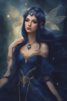 Midnight blue,Dark blue hair,night,dark fairy princess ,elven crown,elven ears,sparkle,glitter,gold armor,dragonflies,rapunzel hair,water lilies