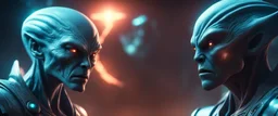 Close-up confrontation between an ancient alien outcast leader and a space broker, standing only a meter apart, intense eye contact, glowing crystalline rod between them, anger mixed with sadness, dramatic facial expressions, shallow depth of field, cinematic lighting, stylized 3D anime, airbrush painting, crisp outlines