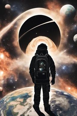 A figure wearing a black backpack deep in a supernova overlooking planet Earth