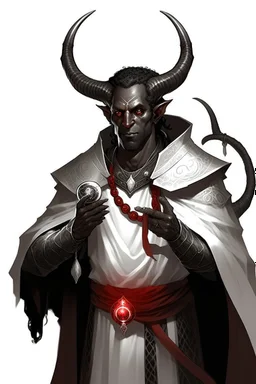 En Young male Black skin black hair tiefling Wizard with large horns glowing Silver and White symbols Everywhere on his body. He's wearing silver and White Rope and a silver cloak. His horn a perfectly place on acet from the front to the back pointing upwards with glowing Red cat Eyes. His close is elegant get simple his horns Are Same size.