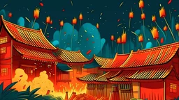 fantasy cartoon style illustration: bamboo firecrackers make loud noises in a small Chinese village