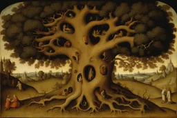 gnarled and twisted tree of life with faces and bodies in the trunk, deep colour, Hieronymus Bosch