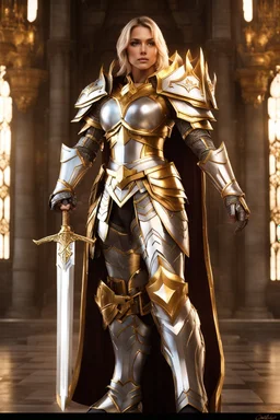 Beautiful super model pretty girl suit mighty paladin stands tall, adorned in gleaming silver armor with intricate gold engravings. The armor is both regal and functional, providing protection while exuding an aura of righteousness.Style:photography