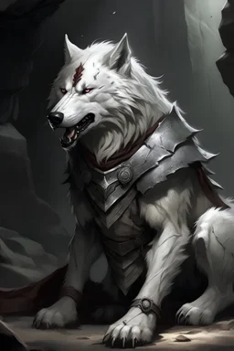 白色毛发的狼人，肌肉发达，身穿铠甲，但是受伤战损，缩在山洞里奄奄一息。这时，一个人类少年发现了他，准备给他疗伤