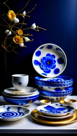 atelier aesthetics, blue, white, gold