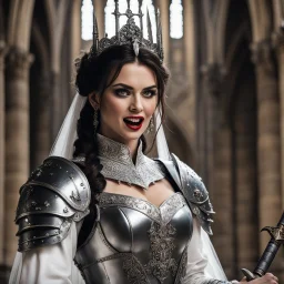 portait of a menacing bride in revealing bloody heavy armour, she holds a wedding rapier, she sticks out her tongue, shows her fangs and gives the finger [scene in a cathedral]