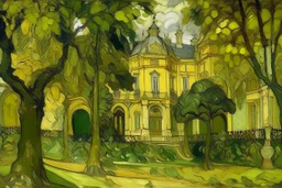 A pale greenish yellow flashing palace with defensive shields painted by Paul Cezanne