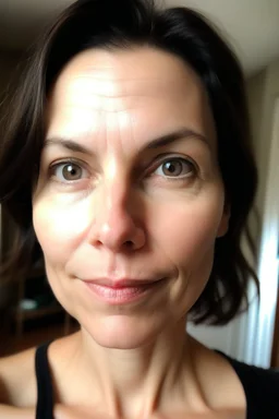 A selfie of a brunette woman, middle short hair taken after massage at spa salon. showing attractive 37-year-old European woman. She has white skin, tousled black hair, pretty face without makeup, big round brown eyes, cute profiled nose, detailed full lips, skin texture.