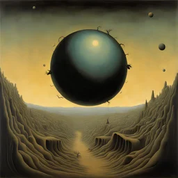 Vivisection of the spheres, creeping crawling in the Hollywood Hills, Bridget Bate Tichenor and Joan Miro and Zdzislaw Beksinski deliver a surreal masterpiece, muted colors, sinister, creepy, sharp focus, dark shines, asymmetric, randomly upside-down elements