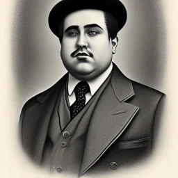 A 1930s Italian-American businessman in his 20s with a bowler hat and a tattered suit. He is obese and has a sad expression on his face. He is facing the screen.