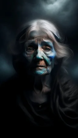 Mourning in dephts of ocean , a halo face of old woman with a smoky clouds in dark gloomy foggy background with very small dem light