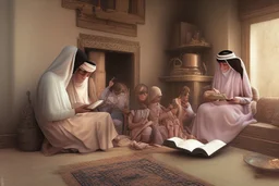 A close-up scene of an Arab mother reading the story from a book with her children around her in the room of the old wooden house near the fireplace 100 years ago.