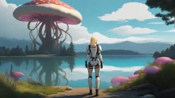 blond woman in an exosuit next to a lake with giant floating mushrooms with octopus tentacles in the distance