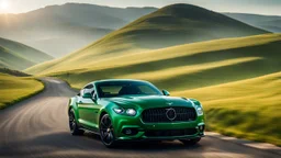 Cross between Ford mustang and bentley, on a road of green hills in morning