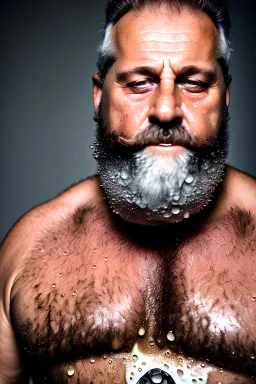 extreme close up photography, dirty burly chubby sicilian ugly strong 55 years old redneck man with the tongue out , full of splashing milk in the face dripping on the beard, with dirty tank top, emotional eyes, manly chest, photo, Canon EOS, lens 35mm, natural lights, 8K, in the morning -