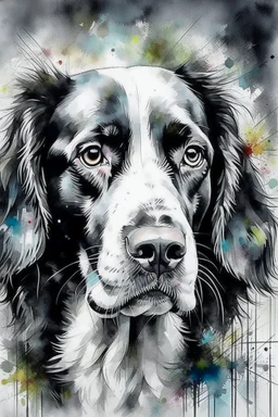 A portrait of a springer spaniel by Agnes Cecile, Willem Haenraets, loose watercolour, wet on wet and splattering and dripping techniques, centred, perfect composition, abstraction, grey and cream