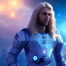 Beautiful cosmic man, blue eyes, long blond hair, smiling, cosmic suit, full body, galactic backdrop, soft lighting, hyper realistic, unreal engine 5, 16k