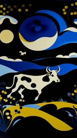 una vaca saltando en la llanura pampeana argentina bajo una luna brillante al estilo de Henri Matisse
