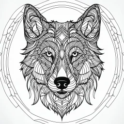 Wolf, front view, mandala, minimal lines, cartoon, white back ground color, real style, realistic, minimalistic, minimal black line art, line art, crisp line art, unique coloring sheet, outlined, outline, crisp, crisp line edges, illustration, thin lines, crisp clear lines, line art, clean line art, unique, 8k, amazing, masterpiece, no colors, no dark color, no black color, avoid thick black, minimalistic line edges, pure white back ground, image character full fit to page,