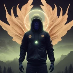 horror movie full character profile pic running alien portrait , black jogging suite , in the sunset Alps, golden light , holding leaves and flowers , angels background, volumetric light, high detail, dark leaf tree, dark mountains in background, perfect