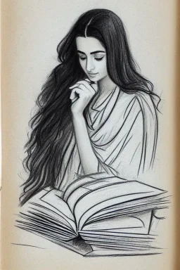 Pencil sketch of Young woman, Arab features,sad, long wavy hair, reading a book, full body، on lined paper