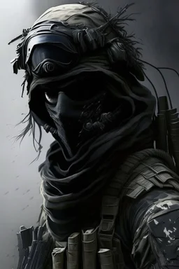 A soldier in the game modern warfare, he wears a solid black creepy helmet that covers his face. He is a sniper, but can also run point. His call sign is Wraith. With him is a woman