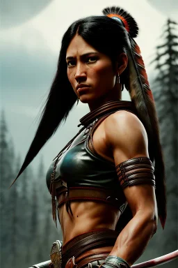 Native American female warrior,athletic build, ominous, dnd character portrait, waist up portrait, intricate, oil on canvas, masterpiece, expert, insanely detailed, 4k resolution, retroanime style, cute big circular reflective eyes, cinematic smooth, intricate detail , soft smooth lighting, vibrant colors, hokusai style arm sleeve tatoo