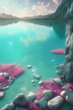 lac turquoise, rocher avec mousse, fleurs, etoile filante, cristaux blanc et rose, vray