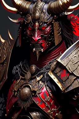 a close up of a person in armor, black bull samurai, minotaur in ancient armor, ornate armor covered in thorns, demon samurai warrior, black and reddish color armor, moon bull samurai, red demon armor, samurai armor, intricate assasin armor, black heavy armor with gold trim, anime fantasy artwork, black and red armor, minotaur warrior, demon samurai