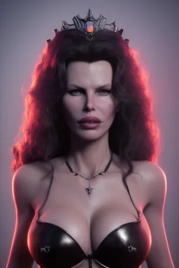 Kim Basinger as evil queen in black leather, busty, cleavage, curvy, angry, stern look. character design by cory loftis, fenghua zhong, ryohei hase, ismail inceoglu and ruan jia. unreal engine 5, artistic lighting, highly detailed, photorealistic, fantasy