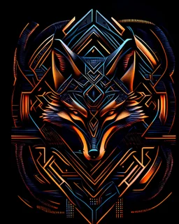 Fox logo cyberpunk cimetrico, lineal arte, intrincado, incredible work of art, black and orande, fondo negro, maximalist