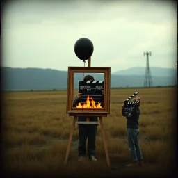 out of place, in a field Picture frame on an easel on fire; boy with a black balloon for a head holding a movie clapboard standing to the side of the easel, ominous radio tower in distance, grainy photograph with areas corrupted, surreal, sinister, profound, dramatic, uncanny valley