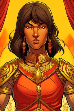 an anime drawing of a 40 year old thai woman. she looks middle aged. and has a stern look on her face. dark tan skin, toned and muscular. short in height. dark brown hair in a bob cut. she is wearing an armour over a beautiful thai gown. she has a sun themeing. and the color scheme is red and yellow. she is holding a shield and a sword